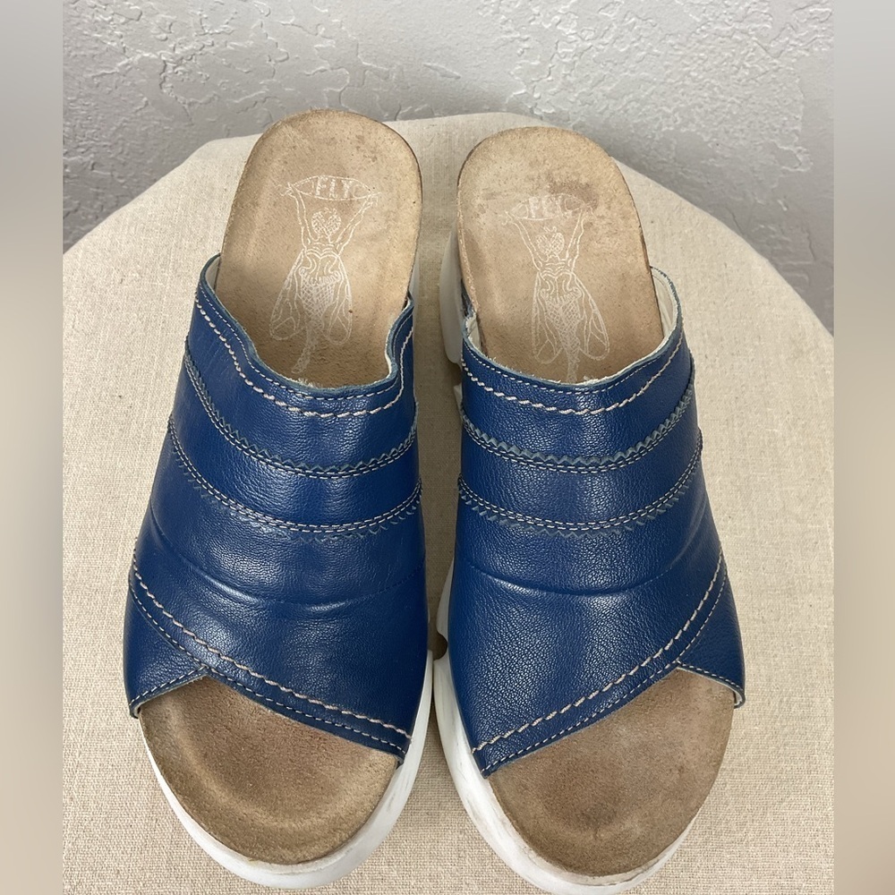 Fly London Suze Women’s Blue Leather Slip On Slide Platform Sandal Sz 41, US 10 - Picture 11 of 15